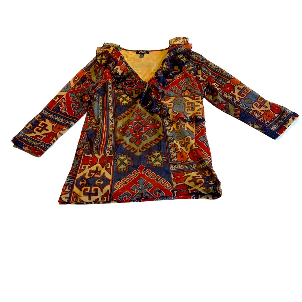 Ruffle sheer multicolor southwest Aztec blouse XL